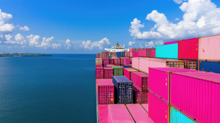 A stunning aerial view of vibrant cargo containers stacked high on a ship at port. The tranquil ocean and blue sky create a captivating maritime scene.の素材