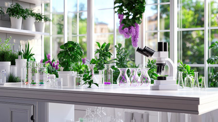 Bright and inviting laboratory workspace featuring a microscope and various glass containers surrounded by lush green plants, creating a serene atmosphere.の素材