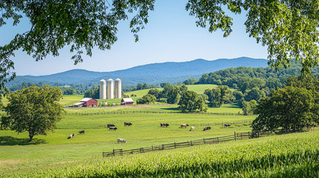 This captivating image showcases a tranquil farm landscape with silos and grazing cattle under a bright blue sky, framed by lush green hills.の素材