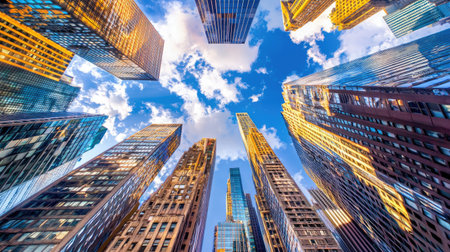 A breathtaking view of towering skyscrapers rising majestically towards a bright blue sky adorned with fluffy clouds, showcasing an urban landscape at golden hour.の素材