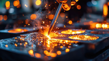 Vibrant image capturing a metalworker skillfully pouring molten metal into molds, showcasing flying sparks and radiant heat in an industrial workshop.の素材