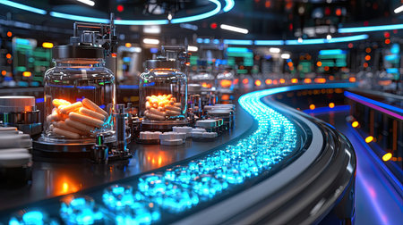 This image showcases a cutting-edge pharmaceutical manufacturing facility featuring bright capsules in glass bottles, highlighting innovation in production processes.の素材
