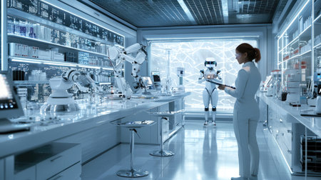 A high-tech laboratory features a scientist and a robotic assistant working together amidst advanced equipment, showcasing innovation in research and technology.の素材