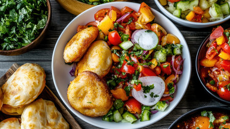 A vibrant assortment of fresh vegetables combined in a colorful salad, paired with crispy golden fried pastries, perfect for any meal or gathering.の素材