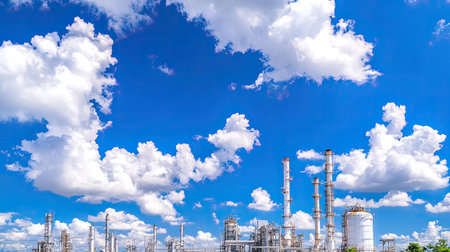 A vibrant industrial landscape showcasing an oil refinery plant under a brilliant blue sky adorned with fluffy white clouds, symbolizing energy and technology.の素材