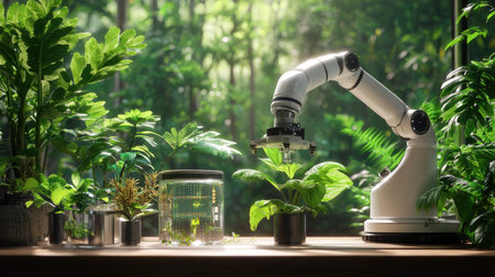 A robotic arm expertly interacting with indoor plants, showcasing a blend of technology and nature in a healthy, green environment.の素材
