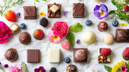 A stunning display featuring an array of chocolates and fruits set against a marble surface, perfect for showcasing gourmet treats and desserts.の素材