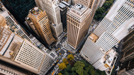 This aerial view captures a bustling urban cityscape filled with towering skyscrapers, busy streets, and vibrant traffic, showcasing modern architecture and city life.の素材