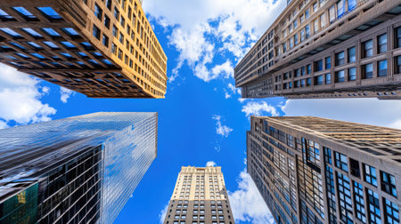 Captured from the ground, this image showcases a unique perspective of towering skyscrapers against a vibrant blue sky dotted with clouds, highlighting urban architecture.の素材