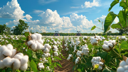 A stunning view of cotton fields filled with fluffy white blooms under a bright blue sky dotted with fluffy clouds. Tractors work in the background, showcasing agricultural life.の素材