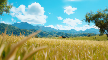 A serene landscape featuring golden fields under a bright blue sky. Majestic mountains rise in the background, creating a peaceful agricultural scene.の素材