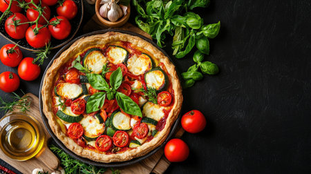 A vibrant overhead view of a freshly baked vegetable pizza, featuring basil, ripe tomatoes, and melted cheese alongside garlic and olive oil. Perfect for culinary themes.の素材