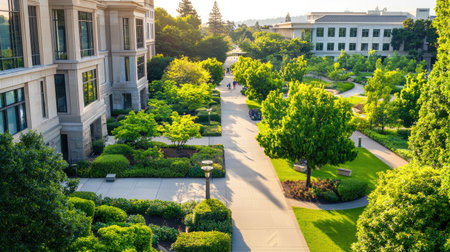 A picturesque urban scene showcasing a harmonious blend of modern architecture and lush greenery. The image captures a tranquil walkway bathed in soft morning light, inviting leisurely strolls through vibrant gardens.の素材
