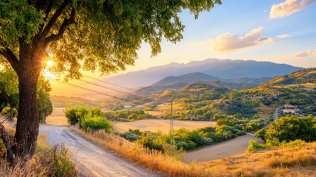 A breathtaking sunset illuminates a lush mountain landscape, featuring vibrant trees and rolling hills. This serene rural scene offers a perfect escape into nature.の素材