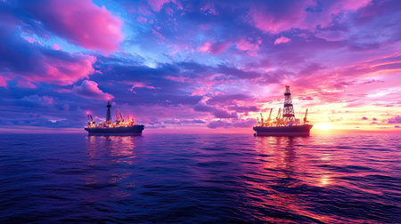 A breathtaking view of two offshore oil rigs at sunset, framed by a vibrant sky filled with colorful clouds, reflecting on calm ocean waters.の素材