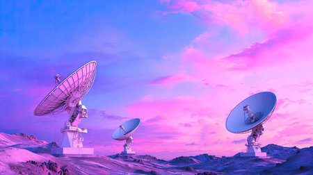 Stunning satellite dishes stand tall against a vibrant purple sunset, showcasing the fusion of technology and nature in a serene and remote landscape.の素材