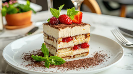 A delightful dessert featuring a layered sponge cake with cream and fresh berries, artfully presented on a stylish plate for a gourmet dining experience.の素材