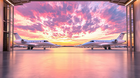 Captivating view of two luxury private jets parked in a spacious hangar at sunset, with a colorful sky enhancing the atmosphere of exclusive travel.の素材