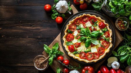This beautiful stock photo showcases a freshly baked Italian tomato pizza topped with mozzarella and fragrant basil, surrounded by vibrant ingredients on a rustic wooden table.の素材