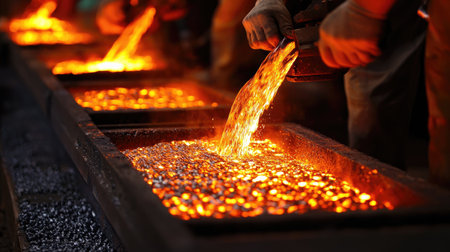 This image showcases workers pouring molten metal into molds within a foundry. The glowing, lava-like metal contrasts beautifully with the dim surroundings, emphasizing the industrial craftsmanship involved in metal casting.の素材