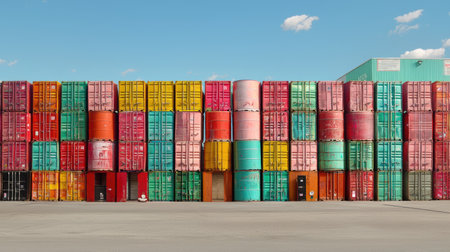 A vibrant array of stacked shipping containers in various colors stands against a clear blue sky, showcasing the structure and design of a modern shipping yard.の素材