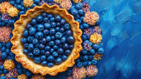 A delectable blueberry pie with a golden crust sits at the center, surrounded by colorful flowers, creating a stunning visual contrast against the blue backdrop.の素材