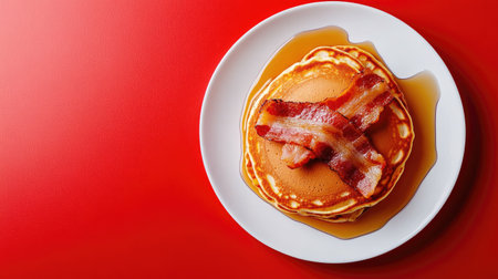 A mouthwatering stack of pancakes topped with crispy bacon strips and drenched in maple syrup, perfect for a delicious breakfast or brunch experience.の素材