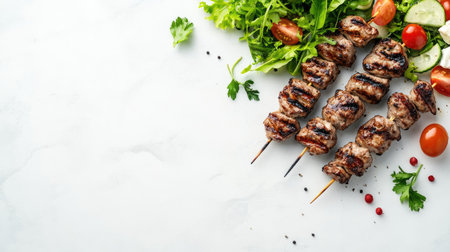 Delicious grilled skewers served with fresh vegetables on a marble surface. Perfect for summer gatherings, barbecues or healthy meals. Fresh and flavorful.の素材