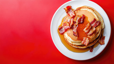 Indulge in a mouthwatering breakfast featuring fluffy pancakes, crispy bacon, and rich maple syrup. Perfect for a morning treat or brunch gathering.の素材