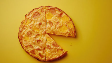 A playful pizza on a bright yellow background, featuring a missing slice. Perfect for food lovers and creative culinary concepts, showcasing fun and taste.の素材