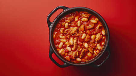 A vibrant pot of chili featuring tender meat and hearty beans in a rich tomato sauce, perfect for a cozy meal or gathering with loved ones.の素材