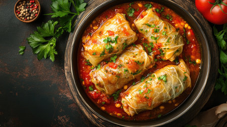 This image showcases savory cabbage rolls nestled in rich tomato sauce, garnished with fresh herbs, ideal for food lovers and culinary enthusiasts.の素材