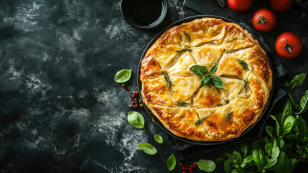A beautifully baked savory pie presented on a rustic table, garnished with fresh herbs and surrounded by vibrant tomatoes, promoting a wholesome culinary experience.の素材