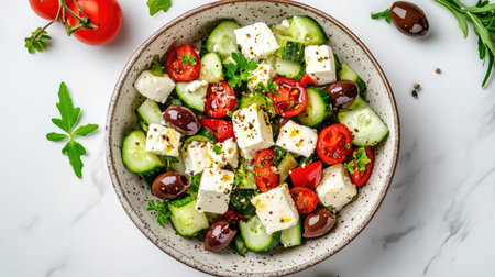 A vibrant Greek salad featuring fresh vegetables, feta cheese, and olives, perfect for healthy eating. Ideal for summer meals and Mediterranean cuisine lovers.の素材