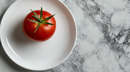 A vibrant red tomato rests elegantly on a clean white plate, set against a stylish marble background. Perfect for food photography, culinary uses, and healthy cooking themes.の素材