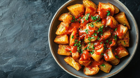 Indulge in crispy golden potatoes smothered in tangy sauce, topped with fresh herbs, creating a comforting and appetizing dish perfect for any meal.の素材