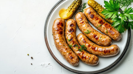 A beautiful presentation of grilled sausages served on a white plate, accompanied by pickles and fresh herbs. This image captures the essence of savory delight.の素材