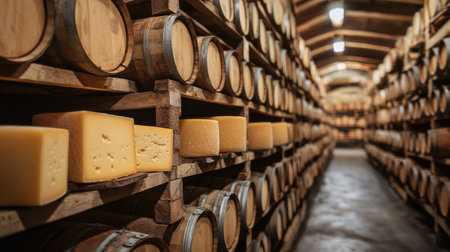 Discover a stunning collection of aged cheese elegantly displayed in a rustic warehouse. Wooden barrels and shelves create a warm ambiance, emphasizing craftsmanship and flavors.の素材