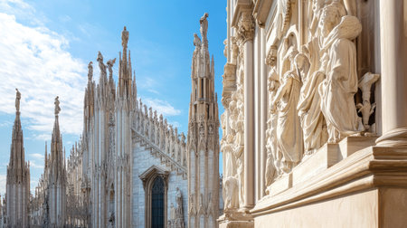 Explore the breathtaking architectural details of Milan Cathedral, showcasing intricate sculptures against a vibrant blue sky, perfect for travel and cultural themes.の素材