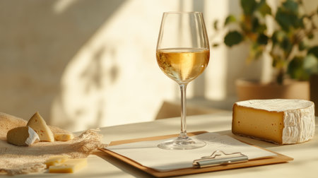 A serene composition featuring a glass of white wine paired with cheese, set on a sunlit table, evoking a warm and inviting atmosphere perfect for relaxation and enjoyment.の素材