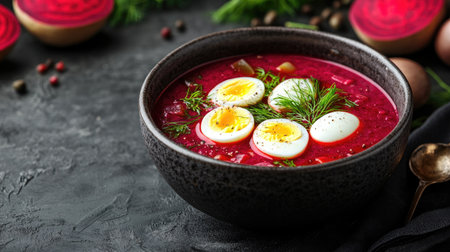 This vibrant beetroot soup features quail eggs and fresh dill, perfect for a colorful meal. Ideal for food enthusiasts and culinary showcases.の素材