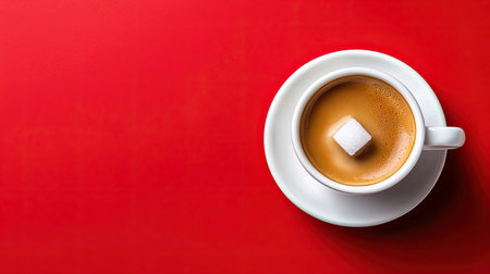 A close-up of a coffee cup featuring a single sugar cube on a vibrant red background. This image evokes warmth and comfort, perfect for beverage-related content.の素材