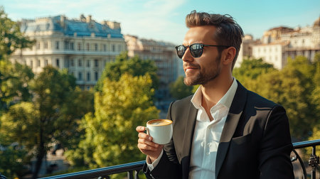 A stylish man enjoys his coffee on a balcony surrounded by urban greenery, exuding confidence and relaxation in a picturesque city setting on a sunny morning.の素材