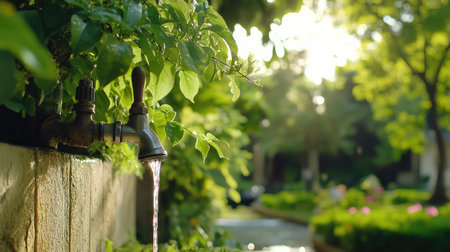 A serene outdoor scene featuring a water faucet amidst lush greenery, with water flowing gently. Ideal for themes of nature, tranquility, and gardening.の素材