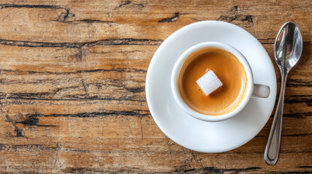 A beautifully crafted espresso in a white cup, topped with a sugar cube, sits on a rustic wooden table. This image captures the essence of morning warmth and rich flavor.の素材