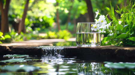 A tranquil scene featuring a glass of water resting beside blooming flowers by a serene garden stream, encapsulating nature's beauty and calm, perfect for promoting relaxation and hydration.の素材