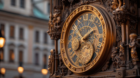 This image features an ornate antique clock with intricate details set against a blurred city backdrop, highlighting its elegance and historical significance.の素材