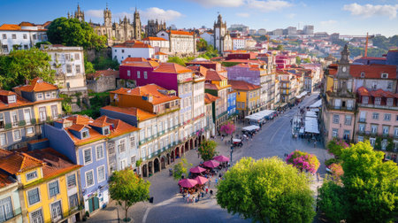 A stunning view of the historic district in Porto, showcasing colorful buildings, charming streets, and lush greenery under a bright blue sky. Perfect for travel and tourism themes.の素材