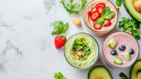 Vibrant smoothie bowls made with fresh fruits and herbs, showcasing healthy ingredients in colorful cups. Perfect for nutritious snacking or brunch ideas.の素材