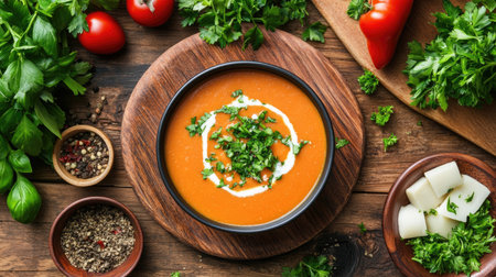 A vibrant bowl of fresh tomato soup garnished with herbs and spices, served on a rustic wooden table. Perfect for meal inspiration or culinary projects.の素材